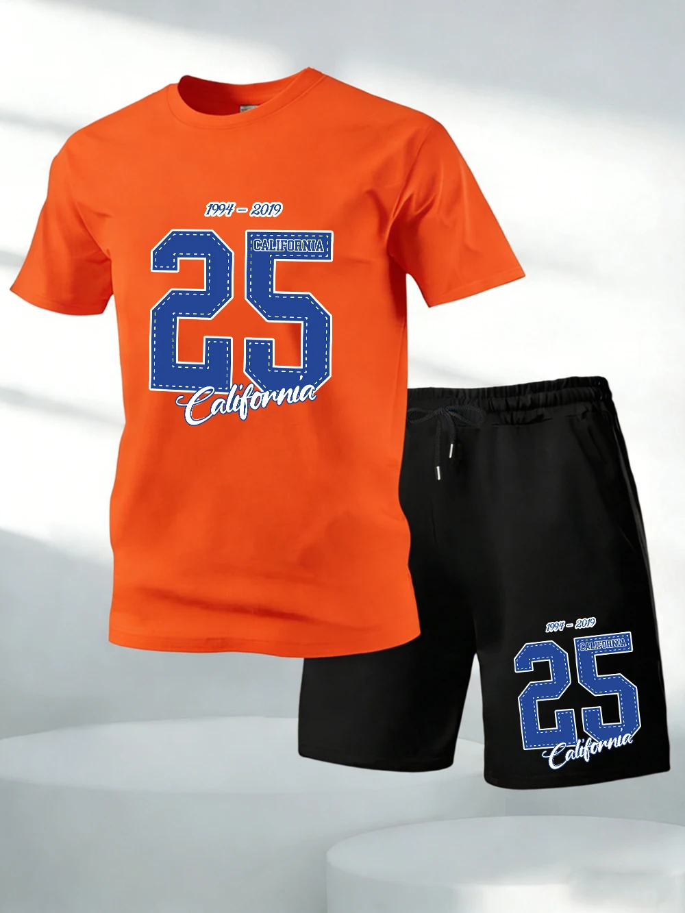 

Two Pieces Set California Number 25 Jersey Print Cotton Tops Shorts Mens Soft O-Neck Oversized T-Shirt Pocket High Waisted Pants