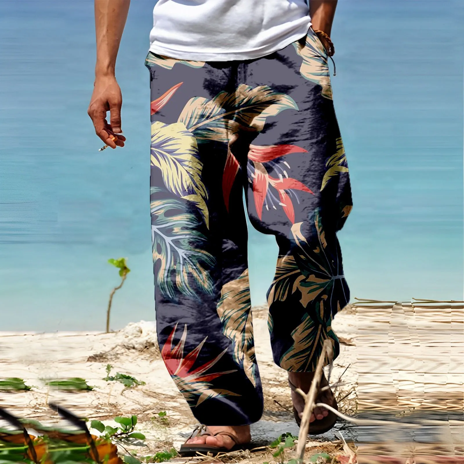 

Long Pants Trousers Clothing For Men Male Summer Beach Style Breathable Trousers Printed Tether Wide Leg Hip Pop Pants
