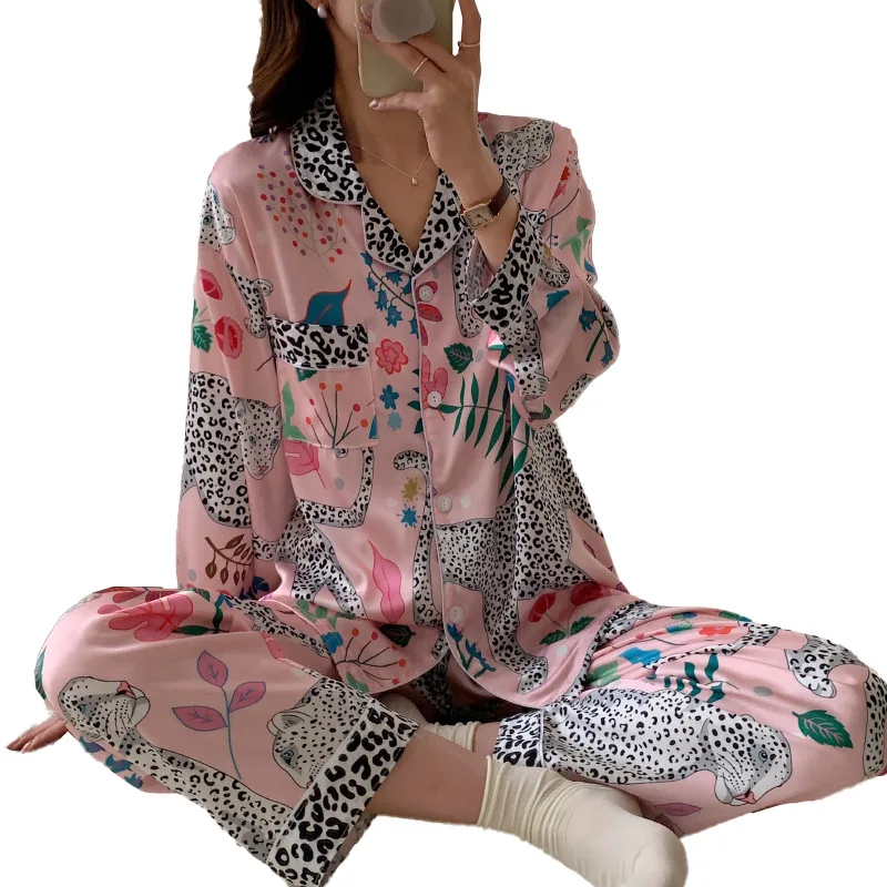 Cartoon Spotted Leopard Print Women Two-piece Pajamas Faux Silk Satin Cool Lady Sleepwear New Classic Pyjamas Female Housewear