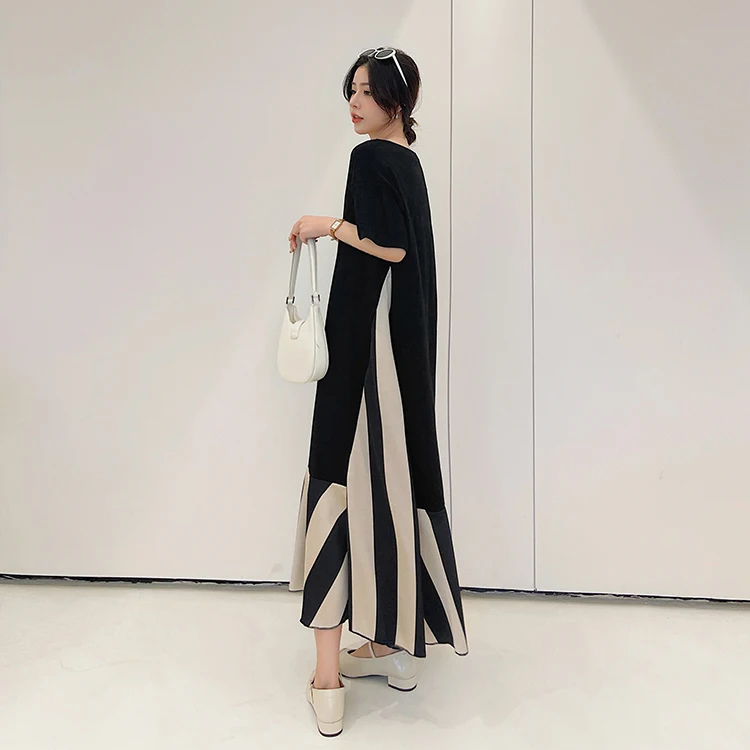 Japanese Korea Style Patchwork Striped Silk Plus Size Loose Chic GIrl's Black Summer Dress Fashion Women Casual Long Dress