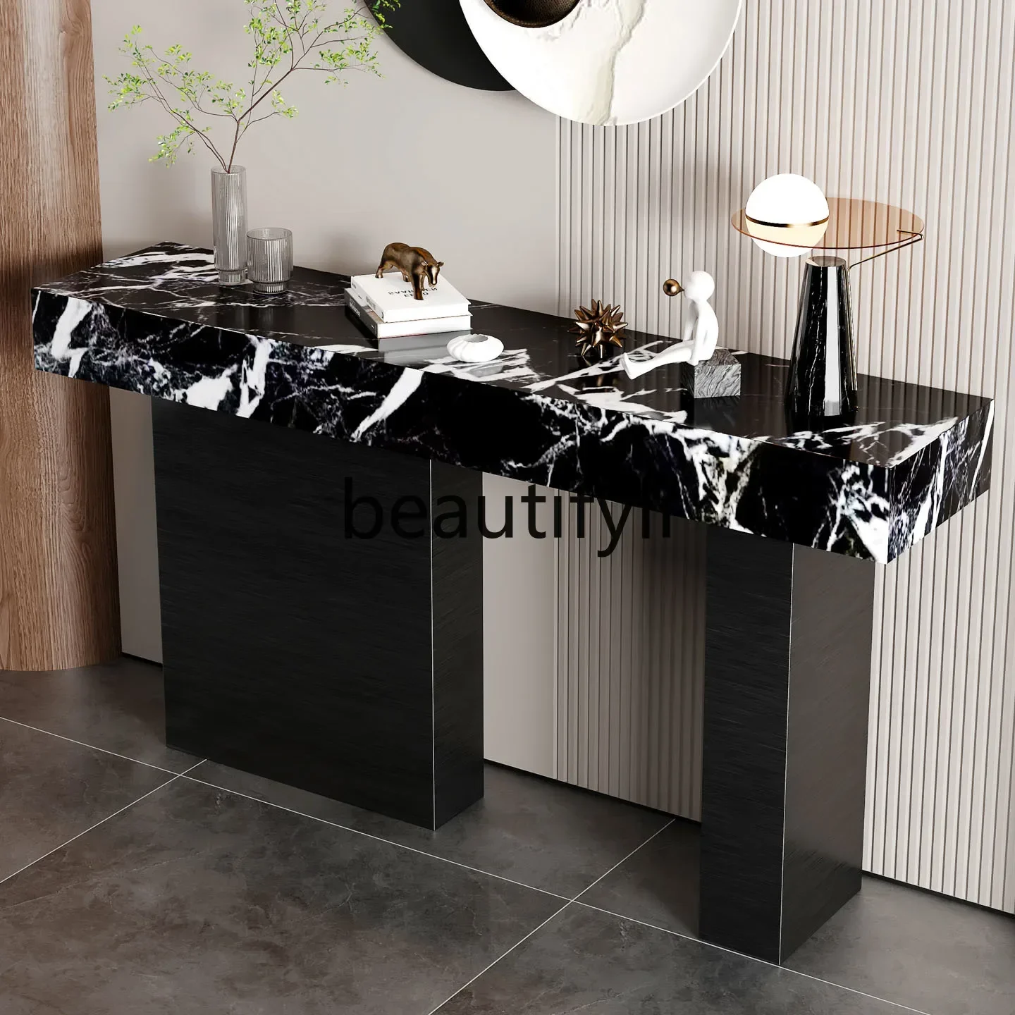 

FG28Light Luxury Style Entrance Table Hallway Stainless Steel Entrance Table End View Table Sideboard Stone Board