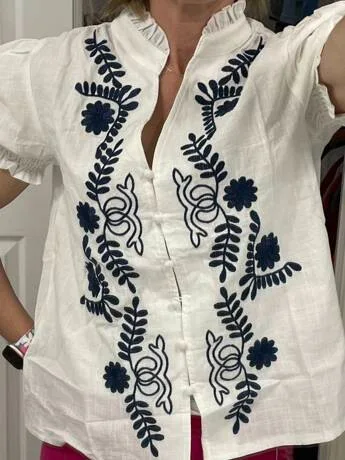 Summer Women Cotton Blouses Shirts Lady Office Casual Solid Color Short Sleeve V Neck Flower Embroidery Tops Blusas Clothing