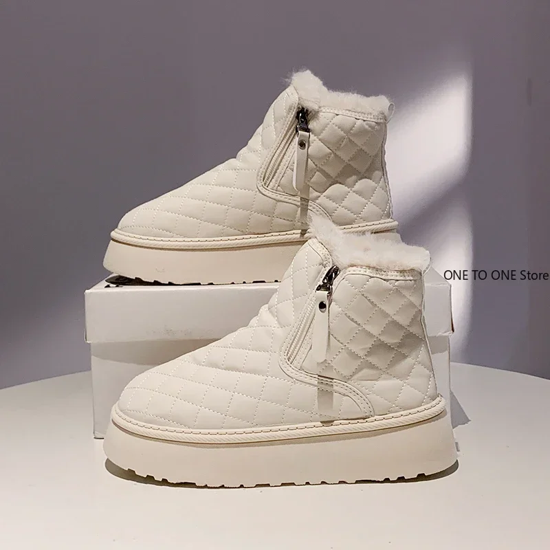 女性用チェック柄厚底スノーブーツ,暖かいぬいぐるみ,防水,フリンジ,ジッパーシューズ,厚底ソール,冬,2022
