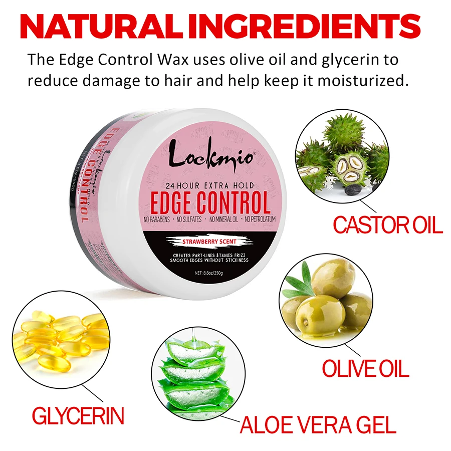 LOCKMIO 250g Edge Control Wax Strawberry Scent Hairstyle Pomade Taming Baby Hair 24 Hour Extra Hold Defining Hair Bangs Gel