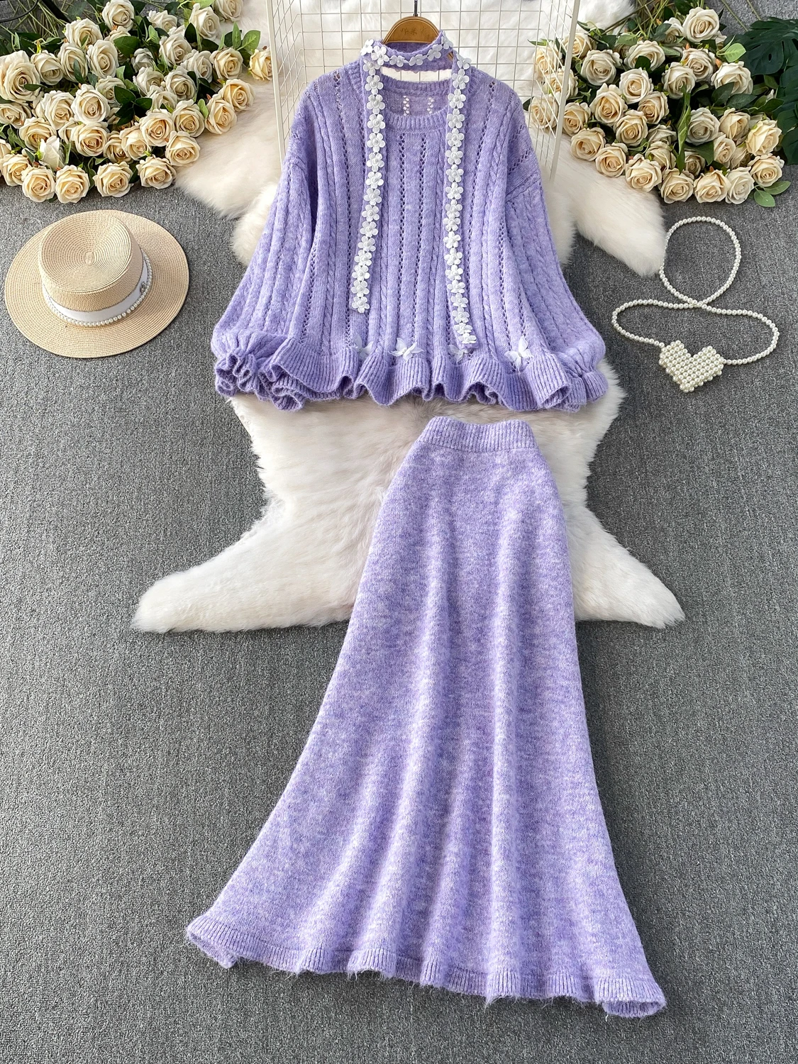 مجموعة من قطعتين من سترة الخصر المكشكشة والمحبوكة من Ele ثقيلة الوزن مع تنورة مكونة من قطعتين للنساء #3