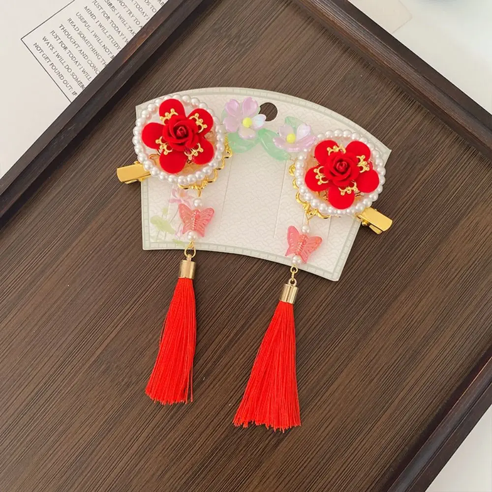 Chinese Style Red Barrettes Hanfu Headwear Tang Suit Cute Sweet Tassel Flower Good Luck Winter Hair Accessories