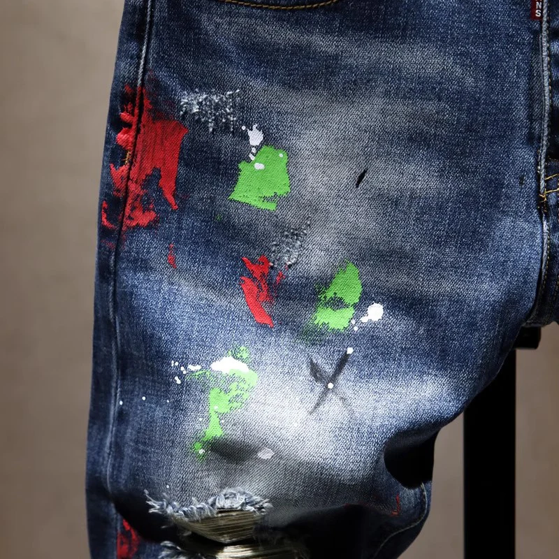 Street Designer Fashion Men Jeans Retro Blue Stretch Slim Fit Painted Ripped Jeans Men Hip Hop Vintage Y2K Denim Pants Hombre