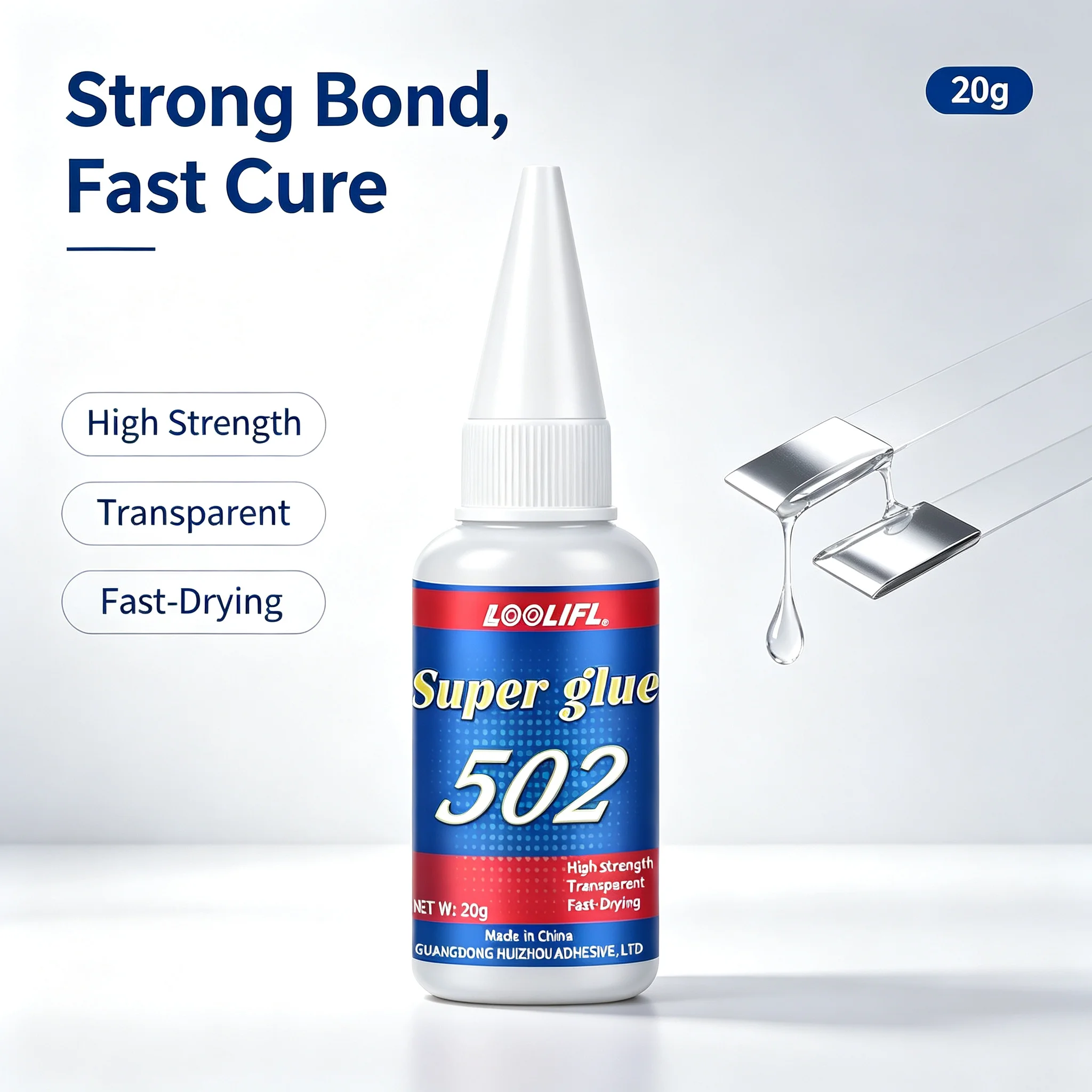 Loolifl502 Strong Adhesive 20g, Fast-Drying Cyanoacrylate Adhesive, High-Strength Transparent Liquid Glue, Multi-Purpose Repair Glue Suitable for Metal, Plastic, Ceramic, Rubber, Wood, Leather, Glass, for DIY Crafts, Shoe and Jewelry Fixing, Available in Packs of 1/2/3/5/7 Pieces