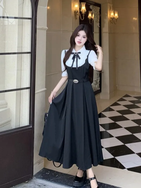 

Новинка: Летнее женское платье больших размеров в студенческом стиле с бантом на талии, рубашечной вставкой и длинной юбкой А-силуэта