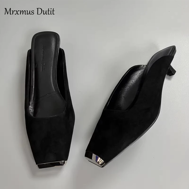 Mrxmus Dutit 2023 Summer Fashion New Women Thin Mid-heel Square Head Slippers Splicing Solid Simple Casual Shoes Female Chic