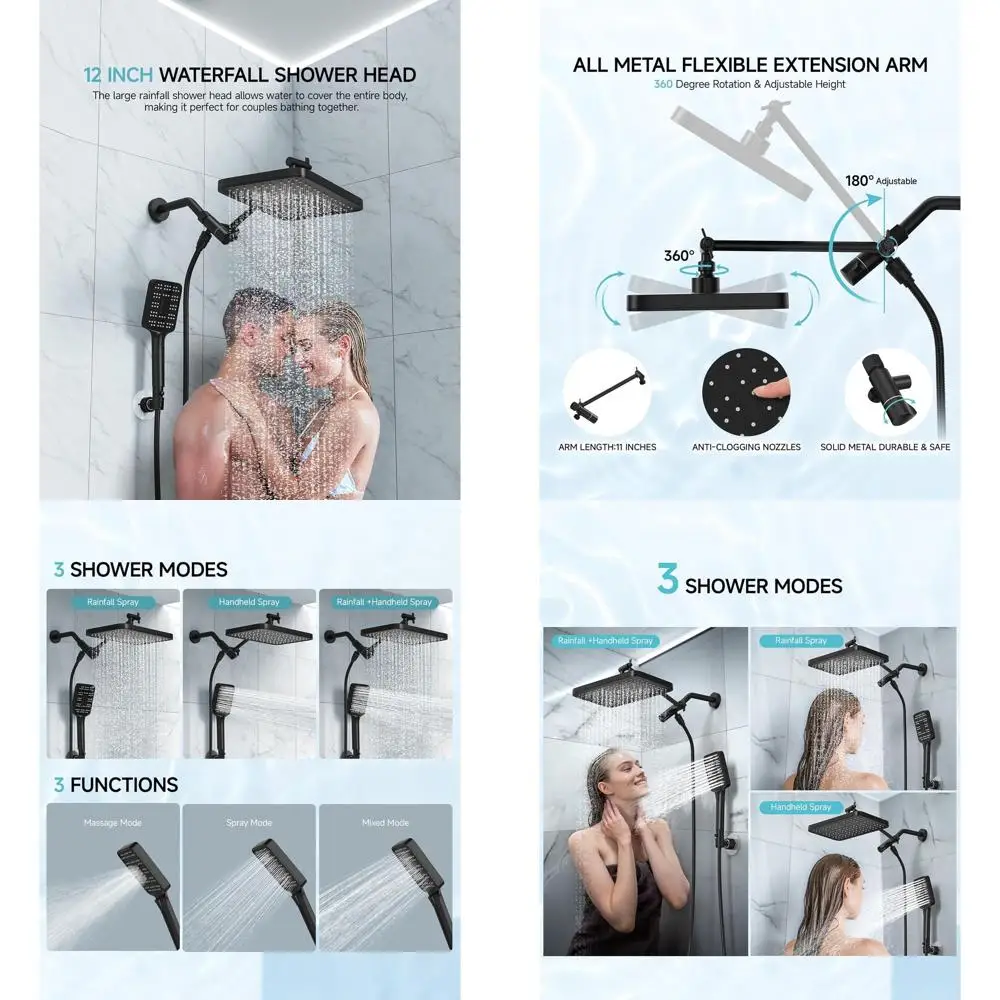 

Matte Black Dual Shower Head Combo with 12 Rainfall and Handheld Spray