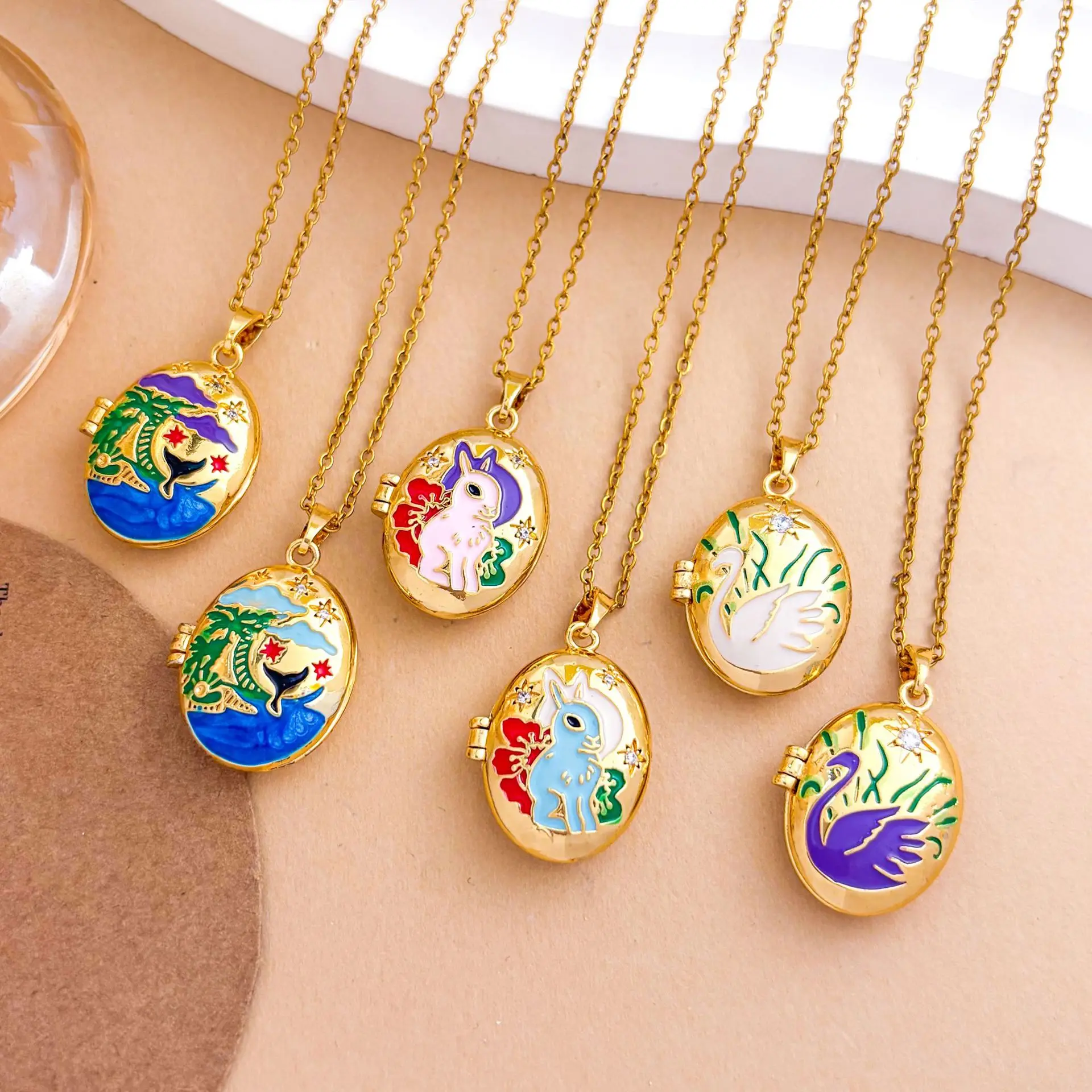 Pttozan Animal Rabbit Swan Photo Locket Pendant Necklace Women Vintage Necklace Titanium Steel Oil Dripping Enamel Jewelry