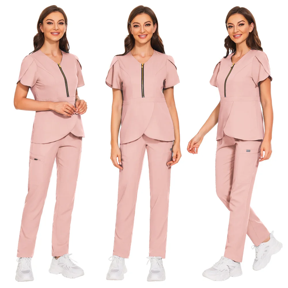 Wholesale Fashion Scrub Suits Hospital Uniform Set Solid Color Hospital Surgical Gown Pocket V-neck Scrubs Set for Women Joggers