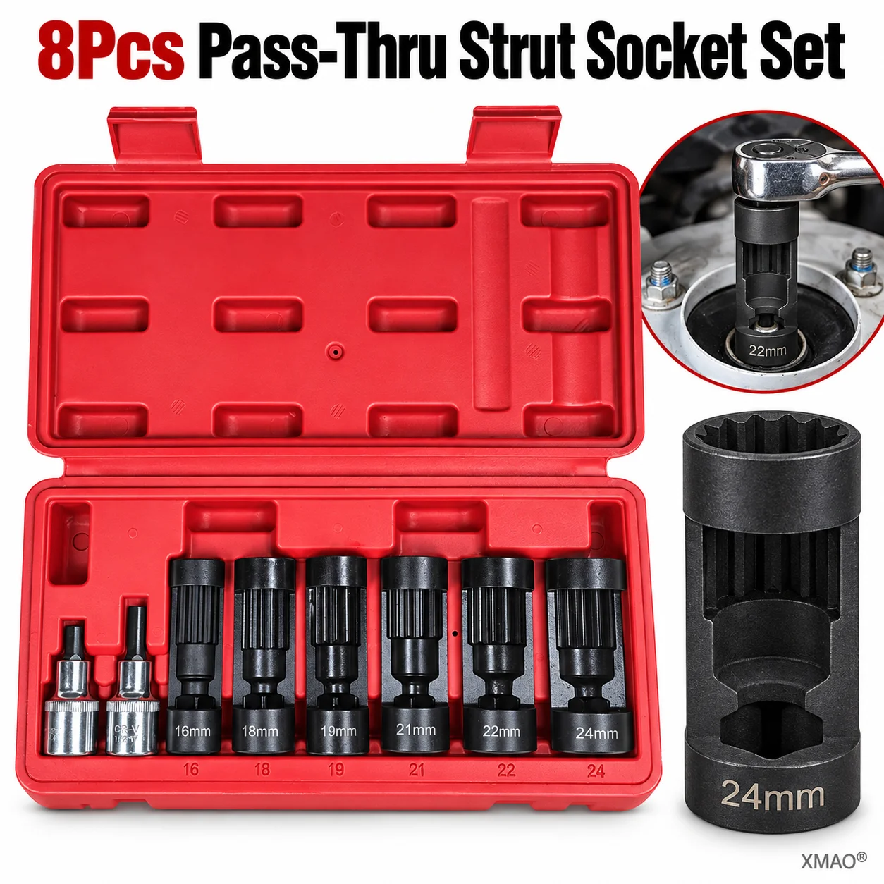 8Pcs Pass-Thru Strut Socket Set 16-24mm 1/2in Drive Shock Absorber Mount Nut Removal Tool for Porsche Macan Suspension Repair