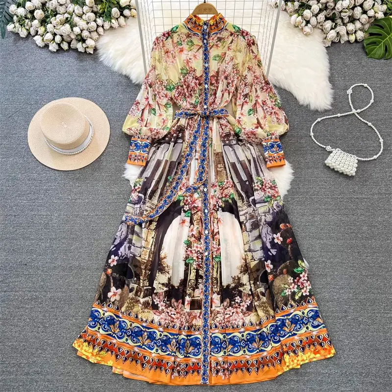 

Spring And Autumn Vintage Palace Style Elegant Lantern Long Sleeve Standing Neck Single Breasted A-Line Printed Dress Maxi Z3652
