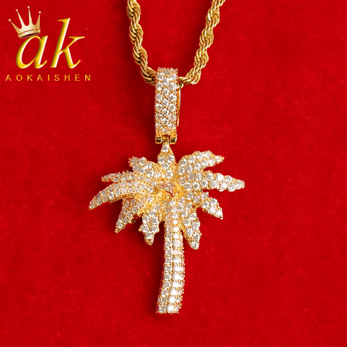 

Aokaishen Palm Tree Necklace for Men Iced Out Pendant Bling Real Gold Plated Hip Hop Fashion Jewelry