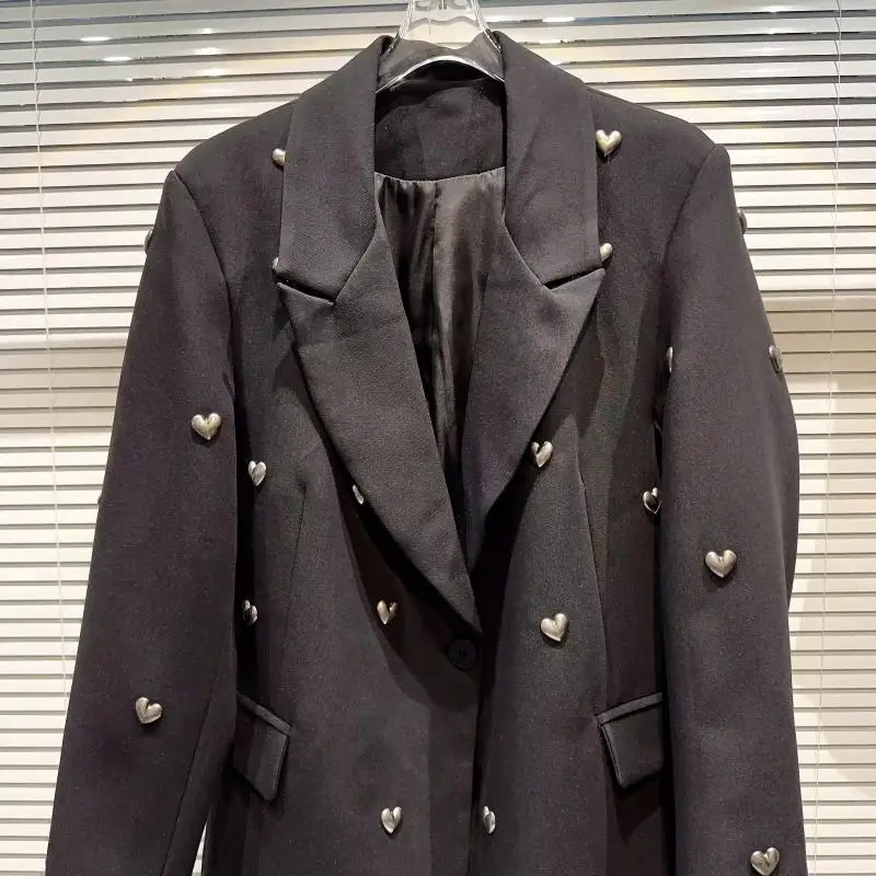 2023 Autumn Fashion 3D Love Rivet Metal Heart Studded Black Casual Jacket Blazer Long Sleeve Single Button Outwear Coats