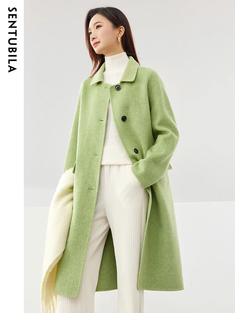 

SENTUBILA Woolen Long Jacket Women 2023 Winter 100% Wool Double-Faced Coat Simple Warm Single-Breasted Jackets Ladies W34O49911