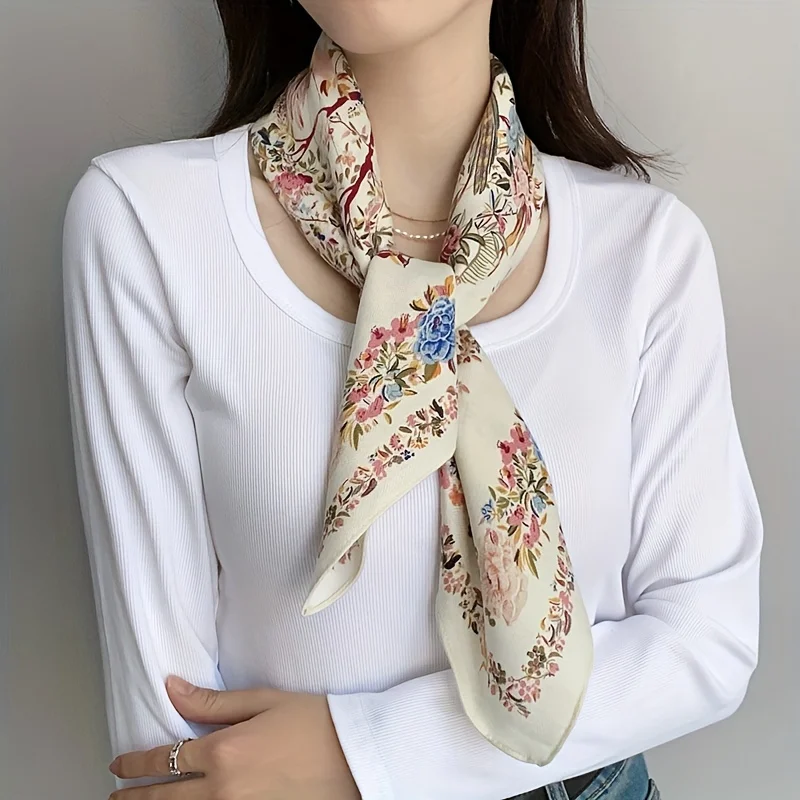 Elegant Floral Print Square Scarf for Women Soft Polyester Versatile Fashion Accessory for Casual Outings