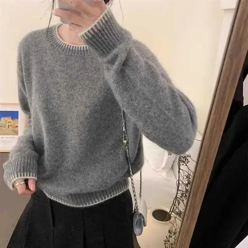 여성용 스웨터 여성용 가을 겨울 신상 고급스러운 루즈핏 풀오버 짧은 부드러운 회색 곰털 스웨터 니트 스웨터 