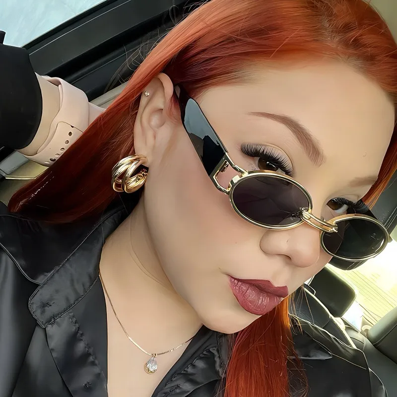 

Retro Metal Oval Sunglasses Street Sle Hip Hop ex UV Protection Ele Faionable for All Face apes Resin Lens