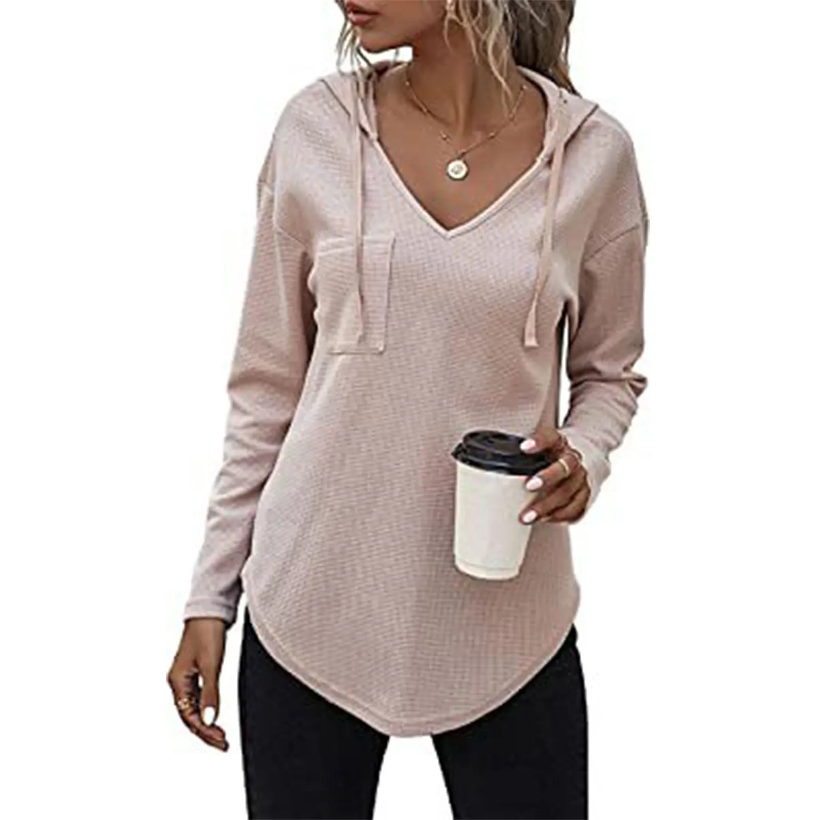 Women's V Neck Hoodies Drawstring Long Sleeve Sweatshirts Fall Clothes With Pocket for Shopping Holiday Vacation