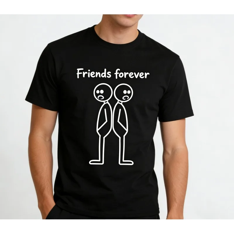 

Zagros Unisex Black Short Sleeve Crew Neck T-shirt Friends Forever Cartoon Stick Figure Casual Friendship Tee