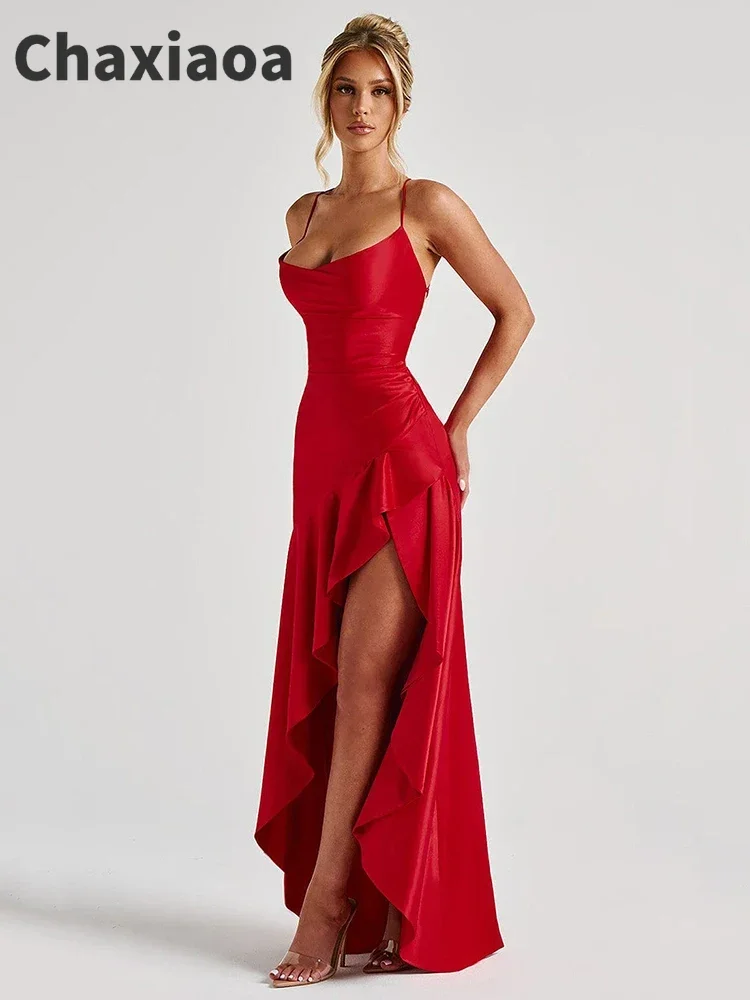 Chaxiaoa Elegant Spaghetti Strap Satin Split Maxi Dress Women Sexy Backless Bodycon Party Evening Dress Summer Holiday Beachwear