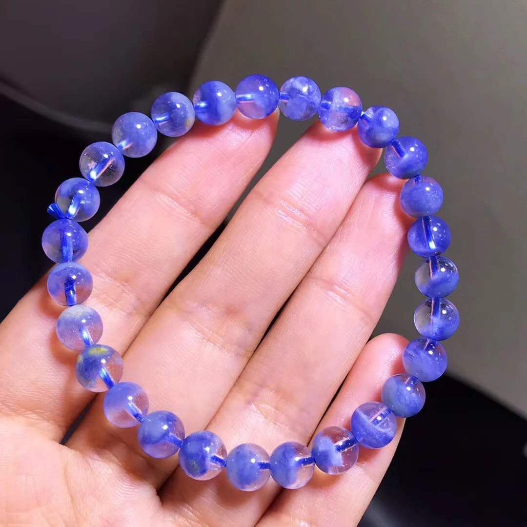 

Natural Blue Rutilated Dumortierite Quartz Women Bracelet Jewelry 7.2mm Cat Eye Clear Round Beads Rare Stone AAAAA