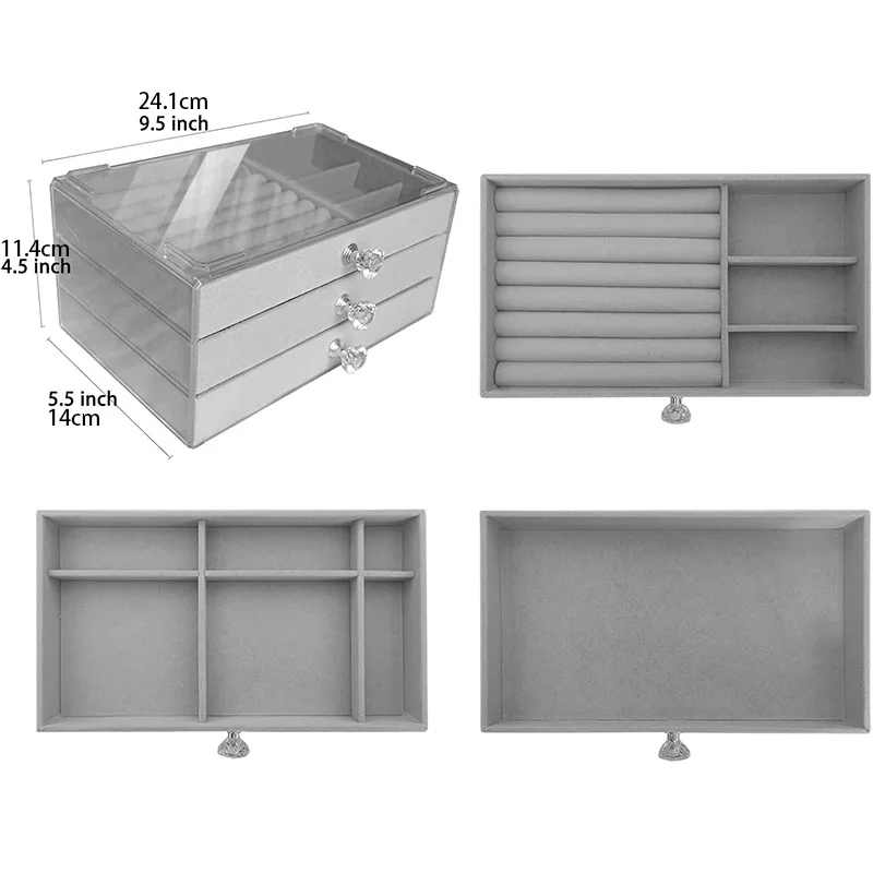 1pc 3-Layer Stackable Drawer Jewelry Box Acrylic Organizer for Earrings Rings Necklaces Bracelets Gray Storage Display Holder
