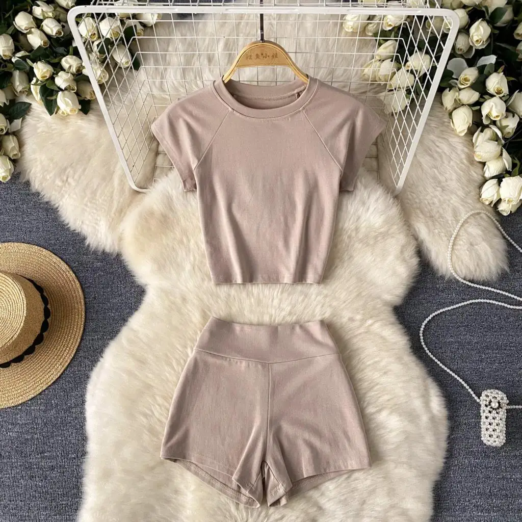 Summer Women Fashion Elegant Casual Shorts Suit Vintage Chic Slim Sport Crop Top and Pants Two Pieces Set Female Clothes New