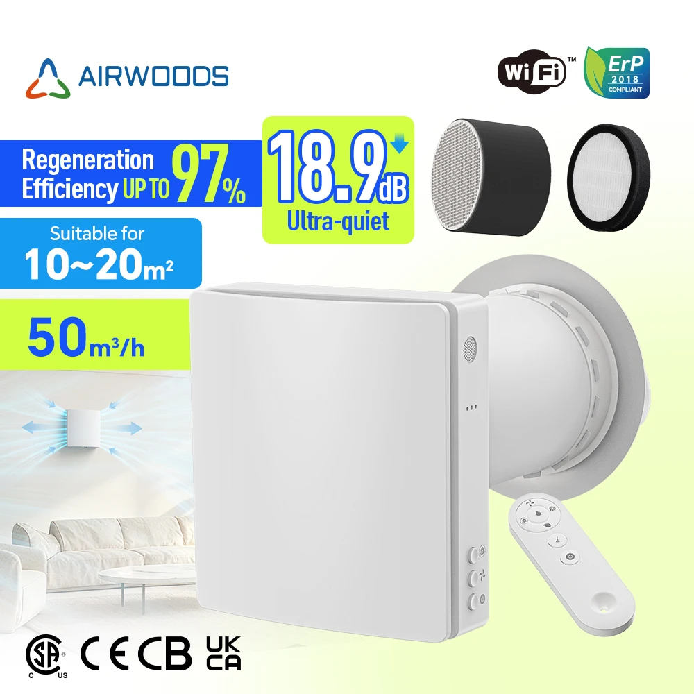 

Ductless Heat Recovery Ventilation 97% Efficiency HRV Fresh Air Unit Wifi Remote Control Heat Recovery Exchanger
