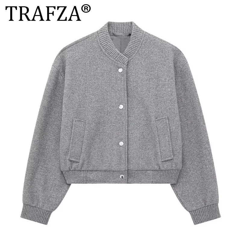 

TRAFZA Women Cropped Bomber Jacket Female Autumn Casual Button Down Coat with Pockets Women's Fashion Long Sleeve Outerwear