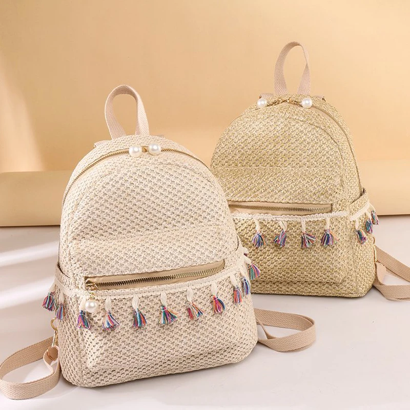 

Straw Backpack Female Travel Bag Schoolbag for Teenage Girls Women Tassel Mochila Beach Bags 2023New