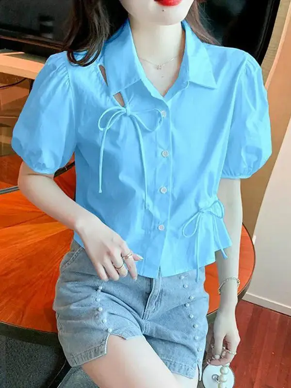 

Женский летний топ с воротником-стойкой и рукавами-фонариками, новый дизайн, с вырезами, на шнуровке, короткий рукав, в корейском стиле, свободный крой