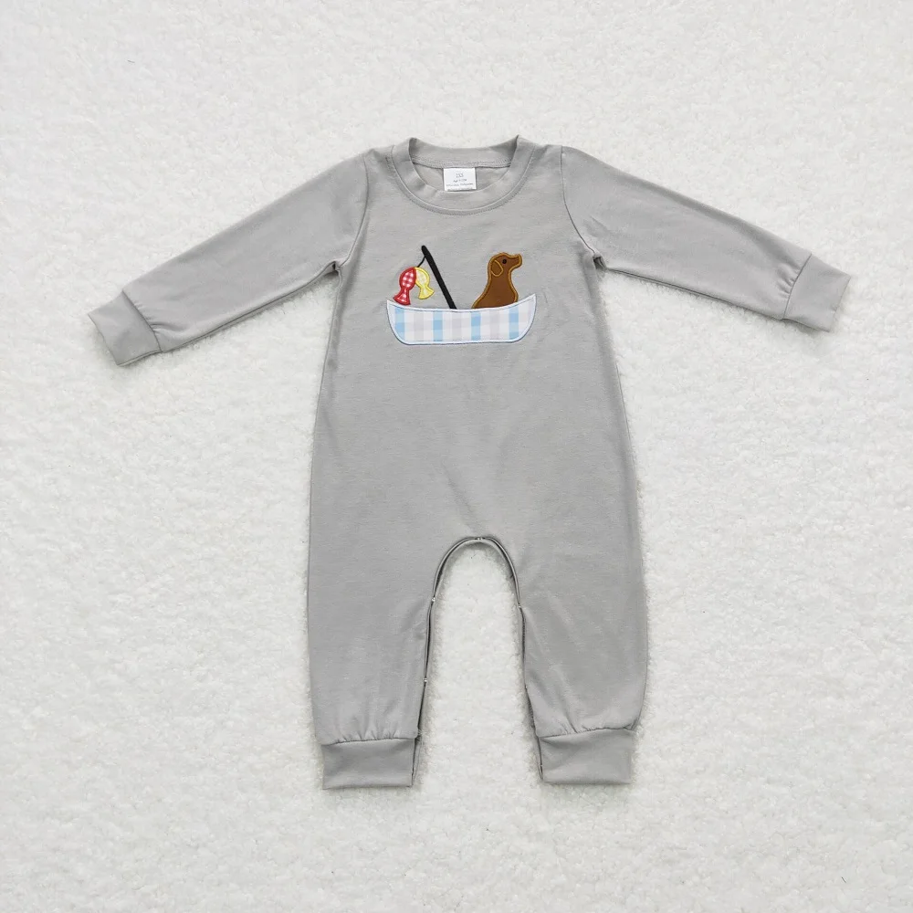 

Kids Toddler Grey Long Sleeves Embroidery Romper Zipper Baby Boy Fishing Dog One-piece Newborn Coverall Bodysuit Cotton Jumpsuit