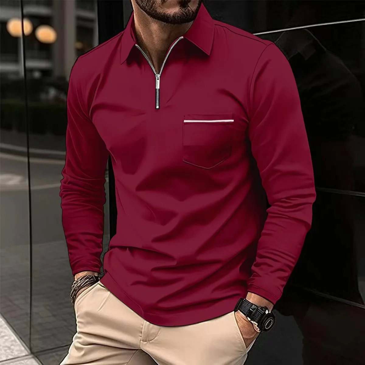 Fashion spring and autumn new high quality Polo shirt lapel long sleeve leisure pocket business Polo shirt top