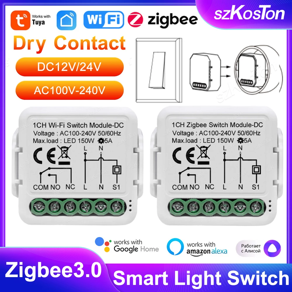 Tuya ZigBee WiFi Smart Switch Module Dry Contact Smart Home DIY Breaker Relay DC 12/24V AC 100-240V Work with Alexa Google Alice