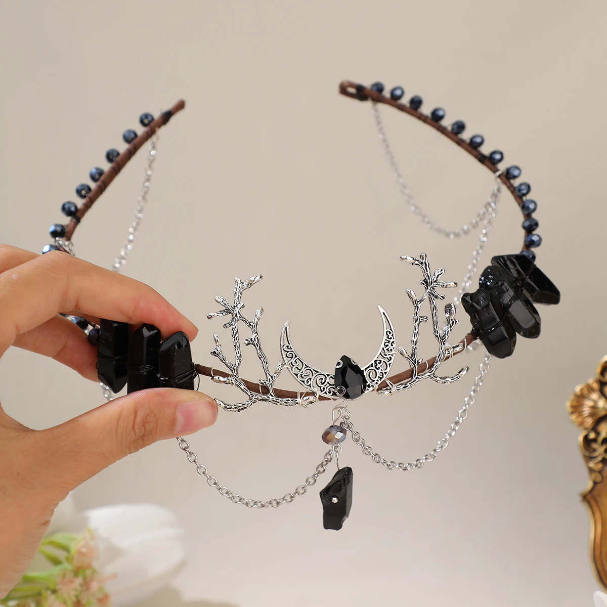 Baroque Vintage Black Natural Stone Tiaras Headbands For Women Moon Crystal Rhinestone Hairbands Wedding Hair Accessories