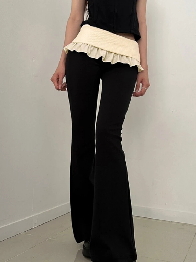 Contrast Color Ruffle Black Pants Women Streetwear Slight Flare Trousers Slim Fit Korean Fashion Y2k Clothes Pantalones De Mujer
