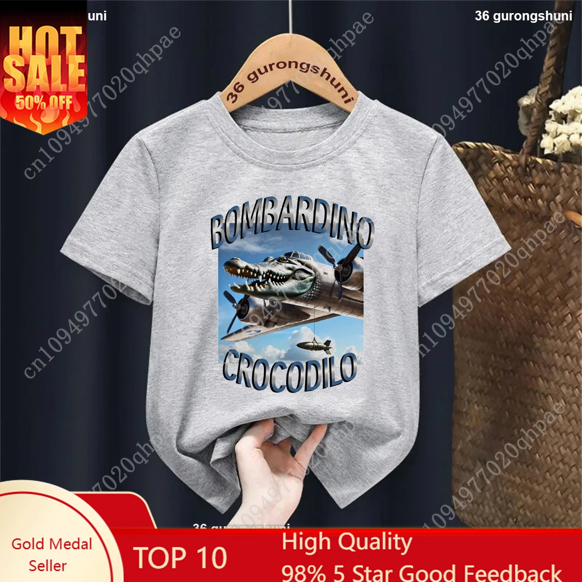 

Bombardino Crocodilo Italian Brainrot Printed Tshirt Girls/Boys Funny Kawaii Kids Clothes Summer White Black Grey Blue T-Shirt