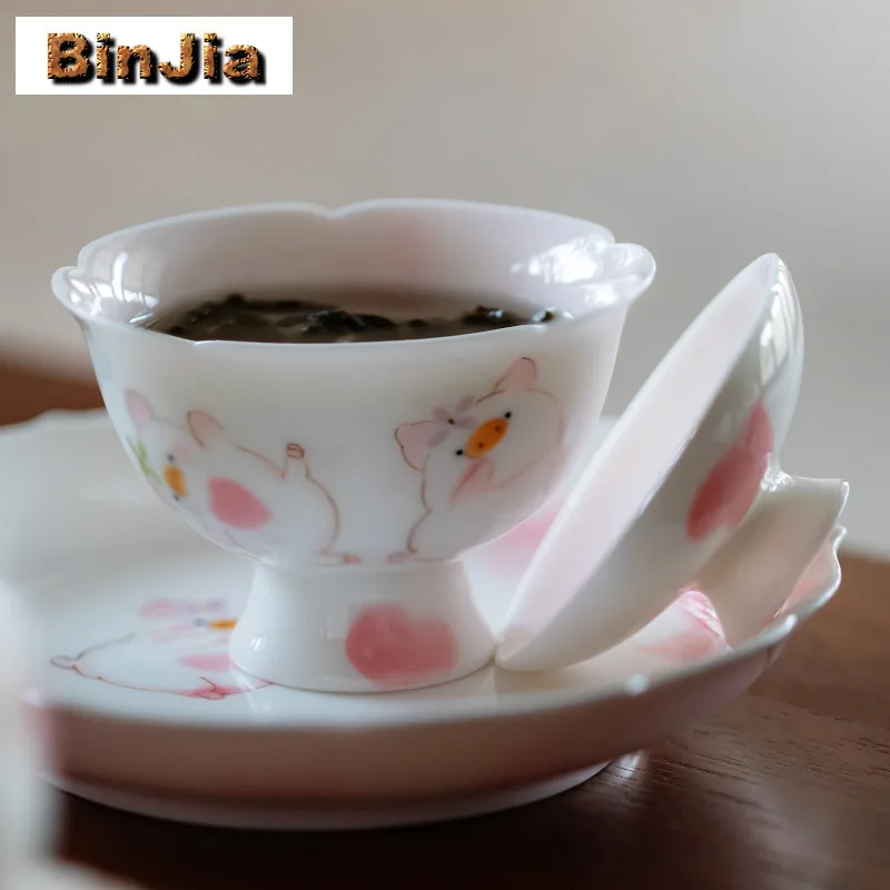 120ml Hand-painted Cute Pig Flower Mouth Gaiwan Ancient Tea Tureen Tea Bowl with Lid Kit Tea Making Cover Bowl Teaware Ornaments