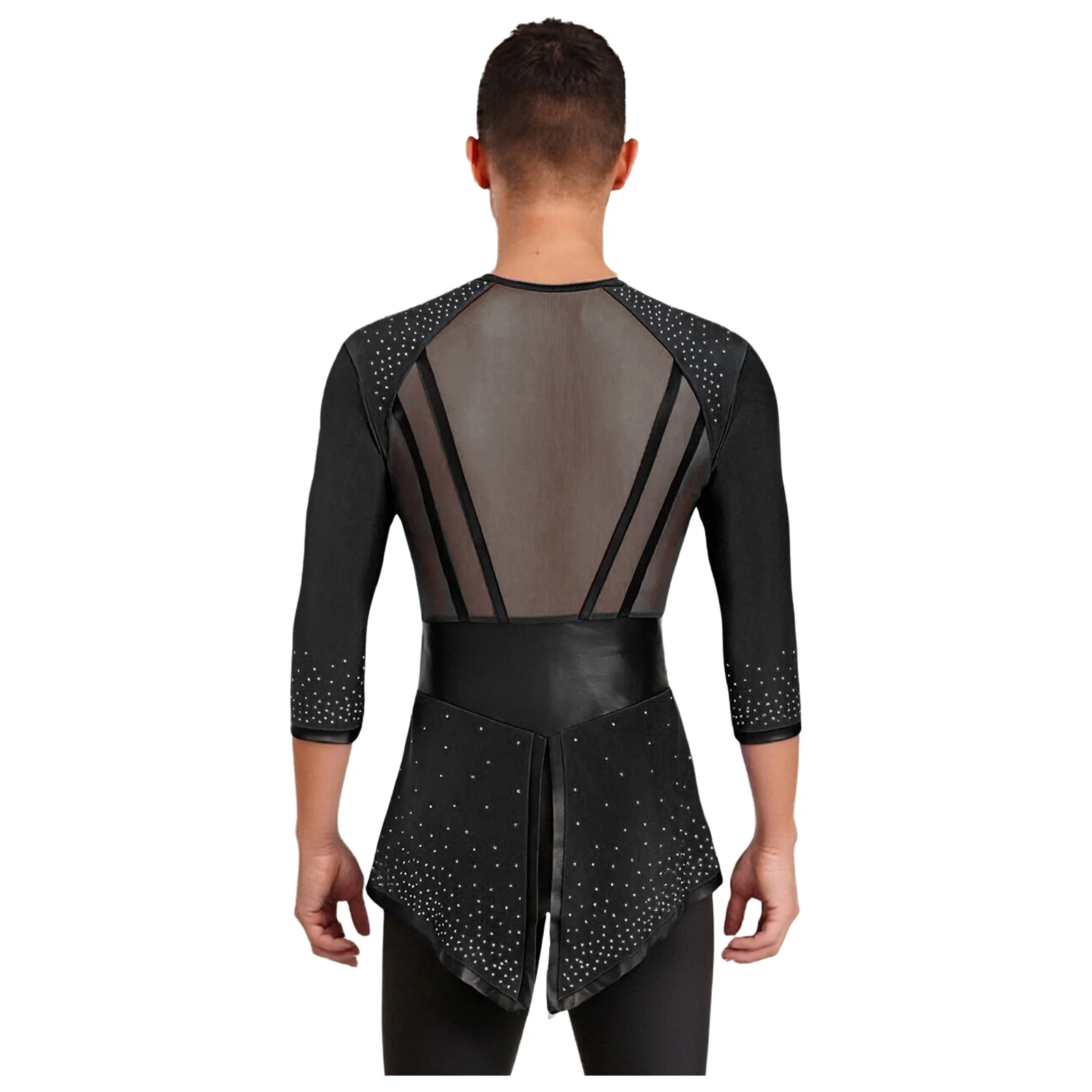 Mens Tango Latin Dance Top Gothic Shiny Rhinestones Contrast Color Long Sleeve Swallowtail Shirt Tops for Flamenco Ballrooms