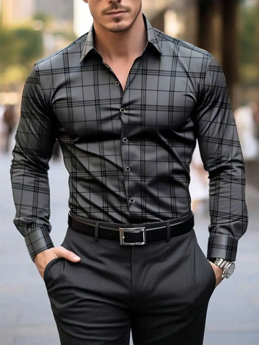

Men's Slim Fit Plaid Long Sleeve Single-Breasted Formal Dress Shirt