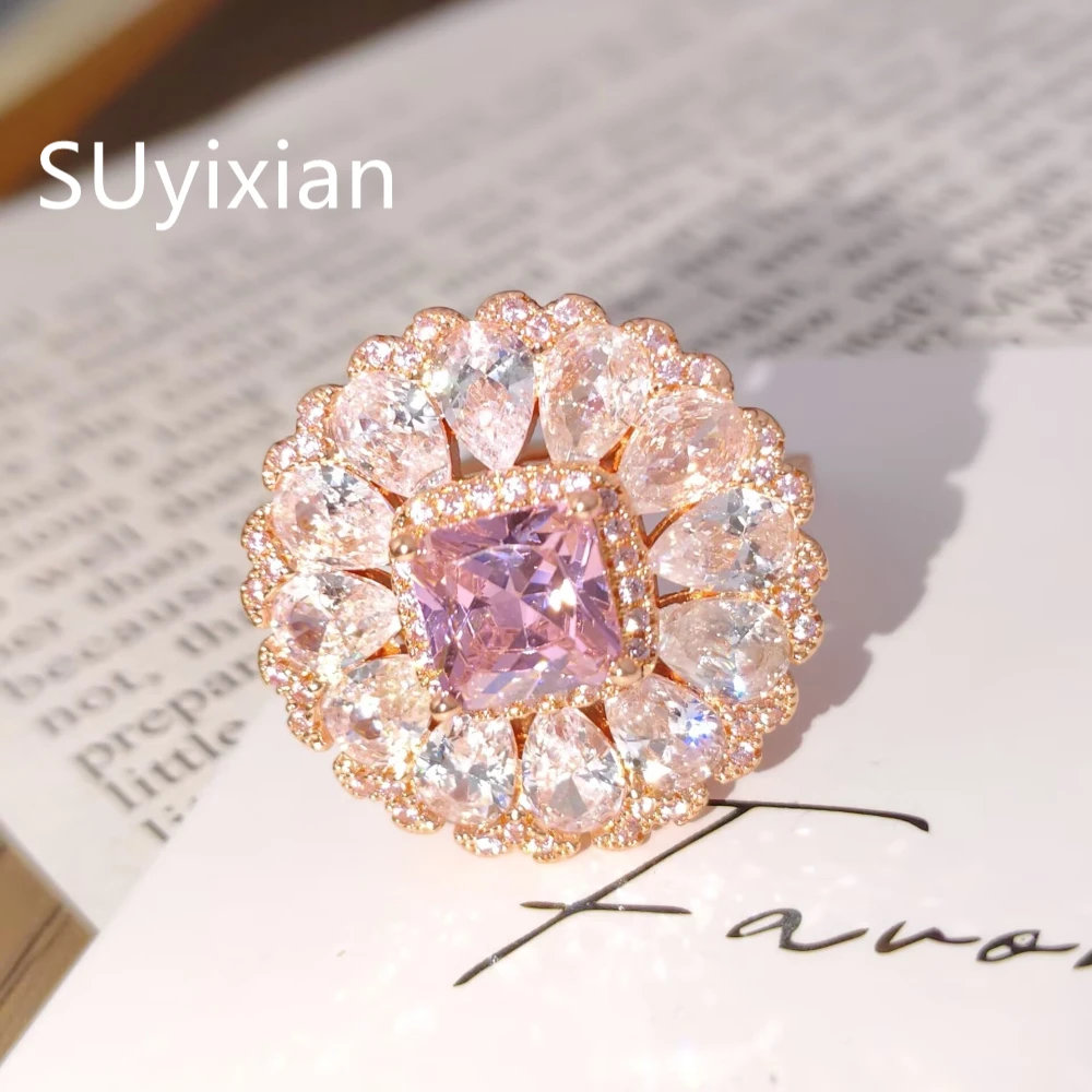 925 Sterling Silver Rose-Gold Zircon Ring Radiant Pink Center, Pear-cut Halo, Scalloped Pave Border Glamorous, Luxurious Jewelry