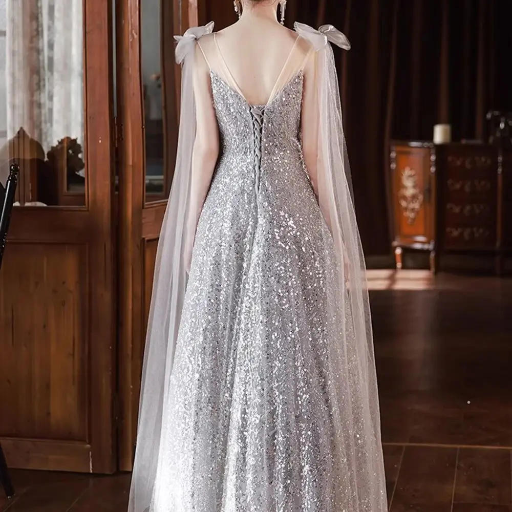 Gorgeous Luxury Silver Grey Evening Dress Women Sequins Mesh Collar Prom Gown Floor Length Draped Bow Trailing A-line Vestido