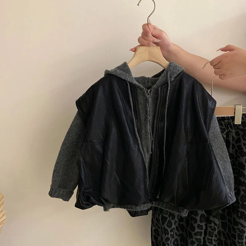 

Girls Autumn2025New Cardigan Jacket Hooded Sweatshirt Solid Color Fashion Vest Leopard Print Casual Pants Three-Piece Set