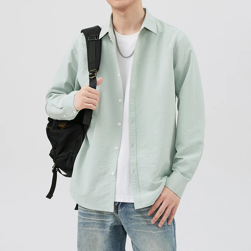 

High-End Men's Long Sve irt Casual Loose Fit Collared Spring Autumn Outerwear Simple Versatile Youthful Polyester Fiber