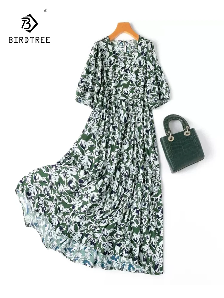 

BirdTree, 19MM 93%Real Silk Elegant Dresses, Women Puff Sleeve Printed, Vacation Versatile Cake Dress, 2024 Summer New D44120QC