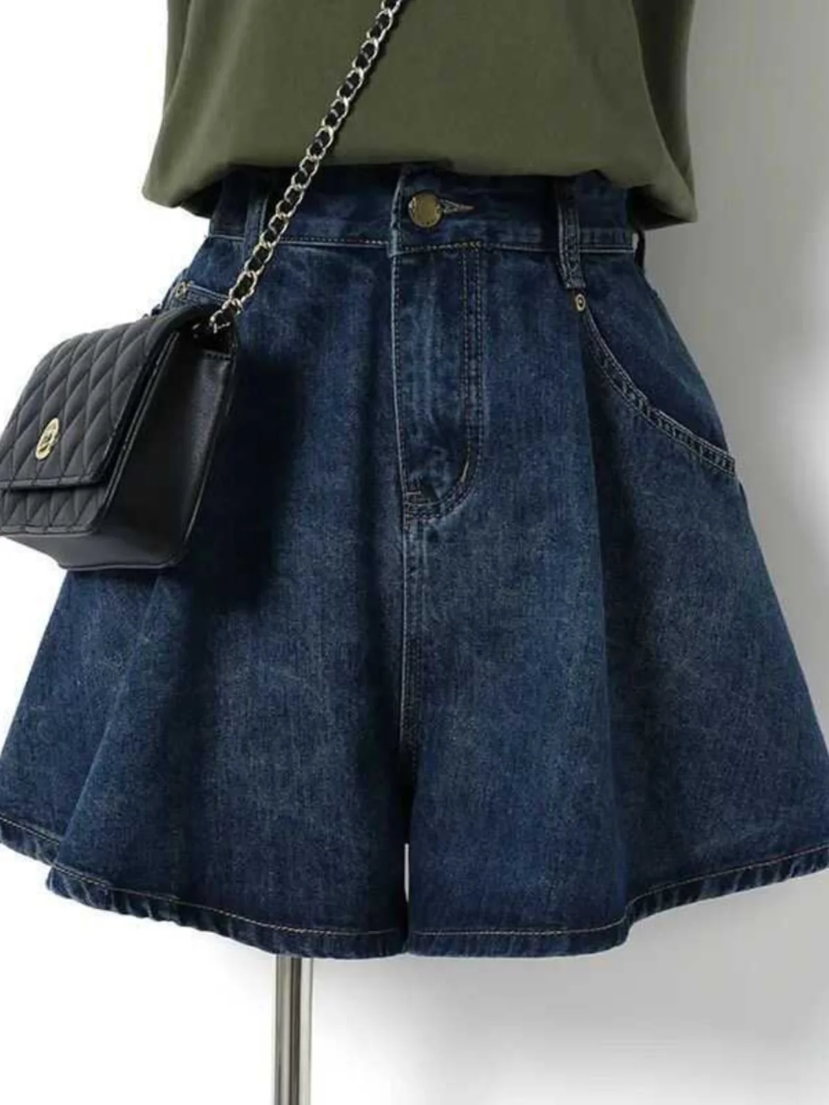 orts Retro de Cintura Alta em Denim Escuro para Mulheres, Tamanho Plus, Estilo A-Line, Confortáveis e Largos